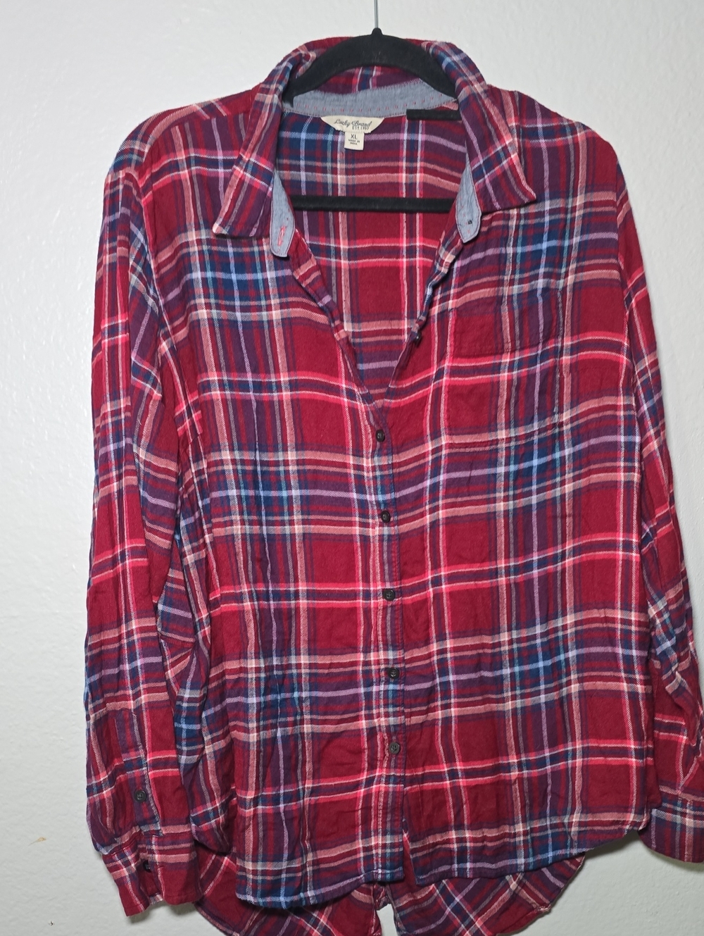 “Lucky Brand Women’s XL Red Blue Plaid Button Down Shirt Boyfriend Casual”.